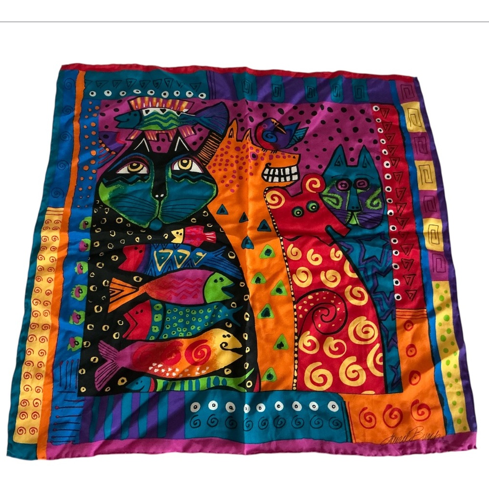 Laurel Burch Square Silk Scarf Cat Fish Multicolor Vibrant Luxury 90s